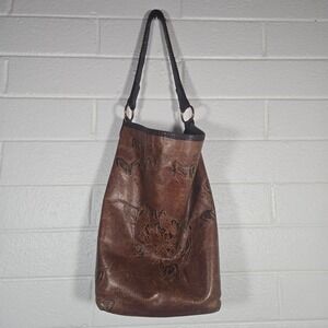 Vtg Double J Saddlery Equestrian Embossed Leather Hobo Shoulder Bag Brown Horse